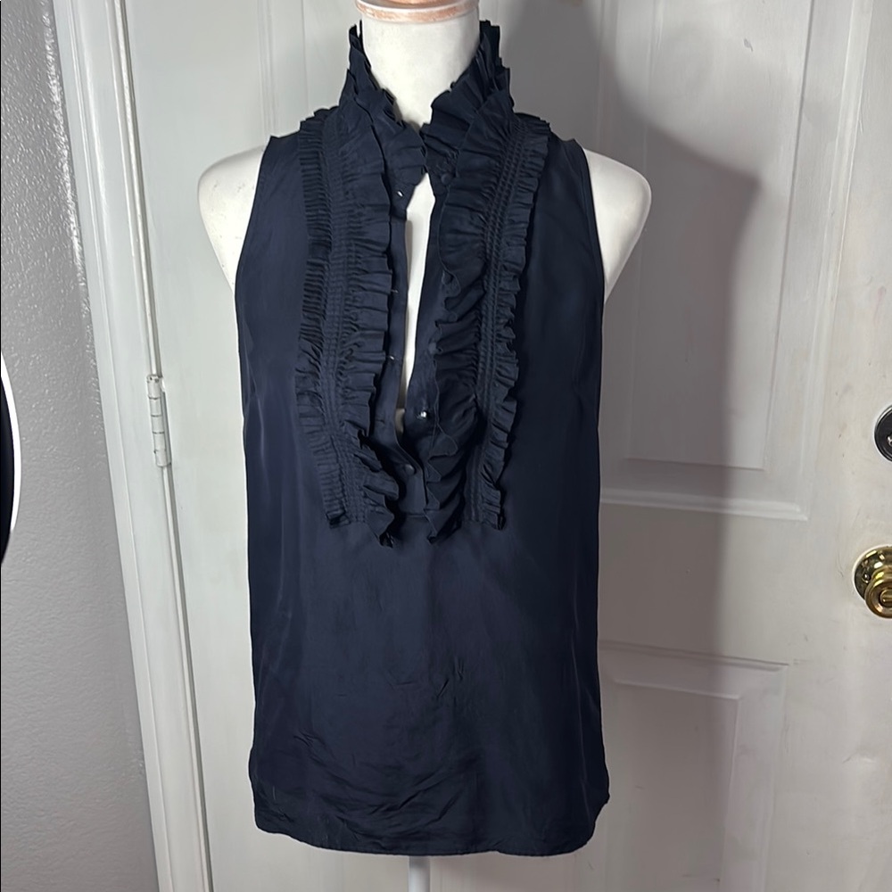 Sisley + Benetton | small 100% silk | navy Ruffled Sleeveless Blouse